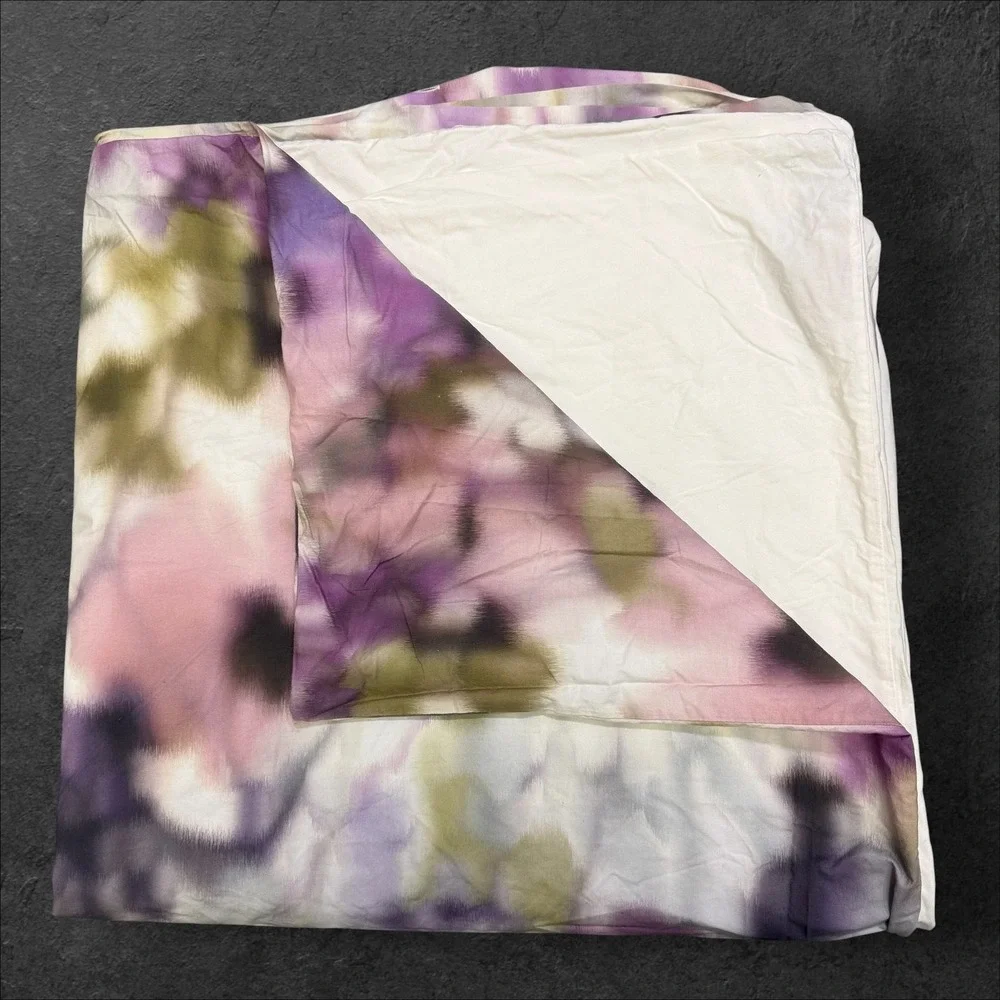West Elm  Organic Cotton  Queen Duvet + 2 Standart shams Purple Green Watercolor